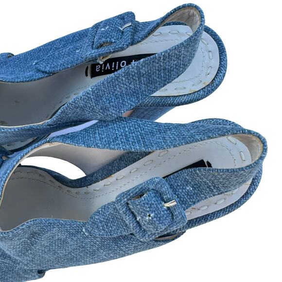 Alice + Olivia Women's Blue Denim Peep Toe Block Heel Ankle Buckle Sandals 38.5 - Picture 8 of 11